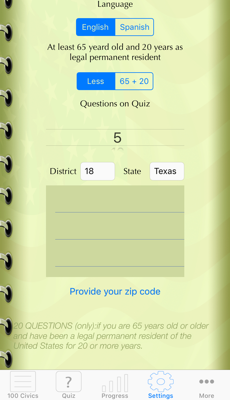 US Citizenship Prep settings